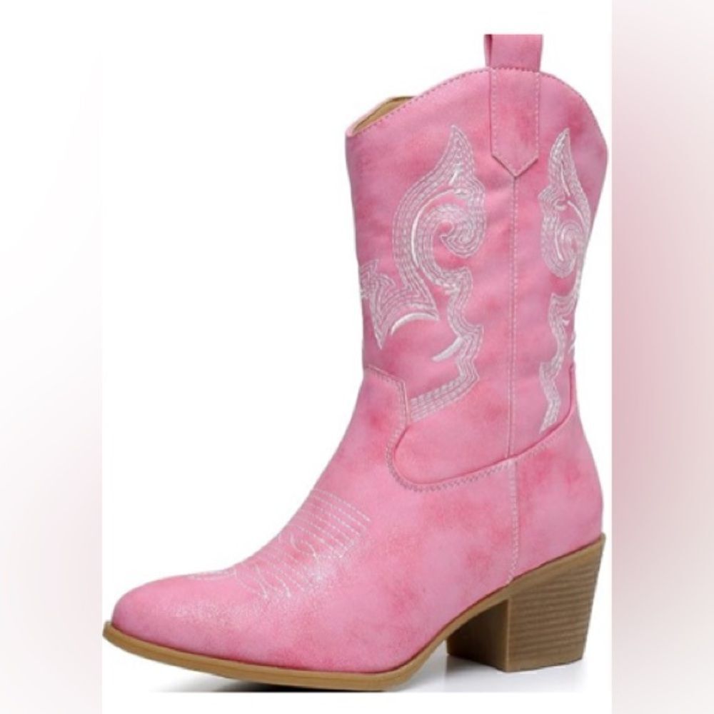 Women's Mid Calf The Western Cowgirl Boots Chunky Low Heel - Picture 10 of 16